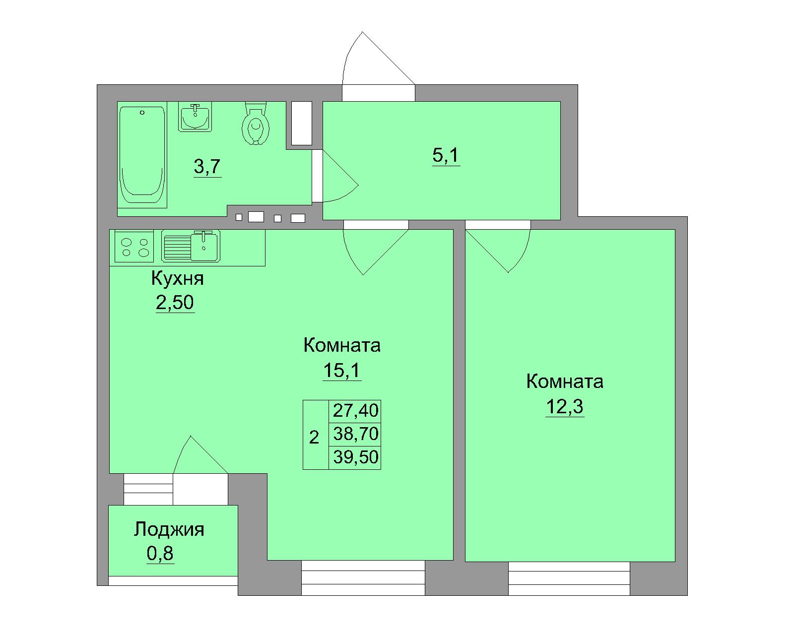 Планировка 2-к квартиры в Левенцовке